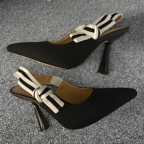 Bow Accent Heels New Black White Stripe Size 7 - Picture 2 of 4